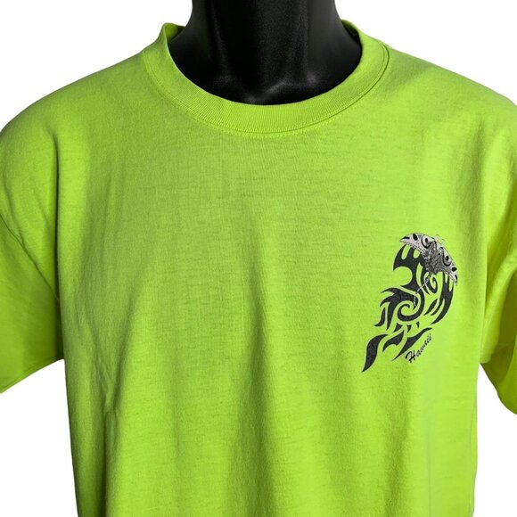 Hawaii Tribal Stingray Crewneck T Shirt M Neon Yellow Short Sleeve Double Sided - Picture 4 of 7